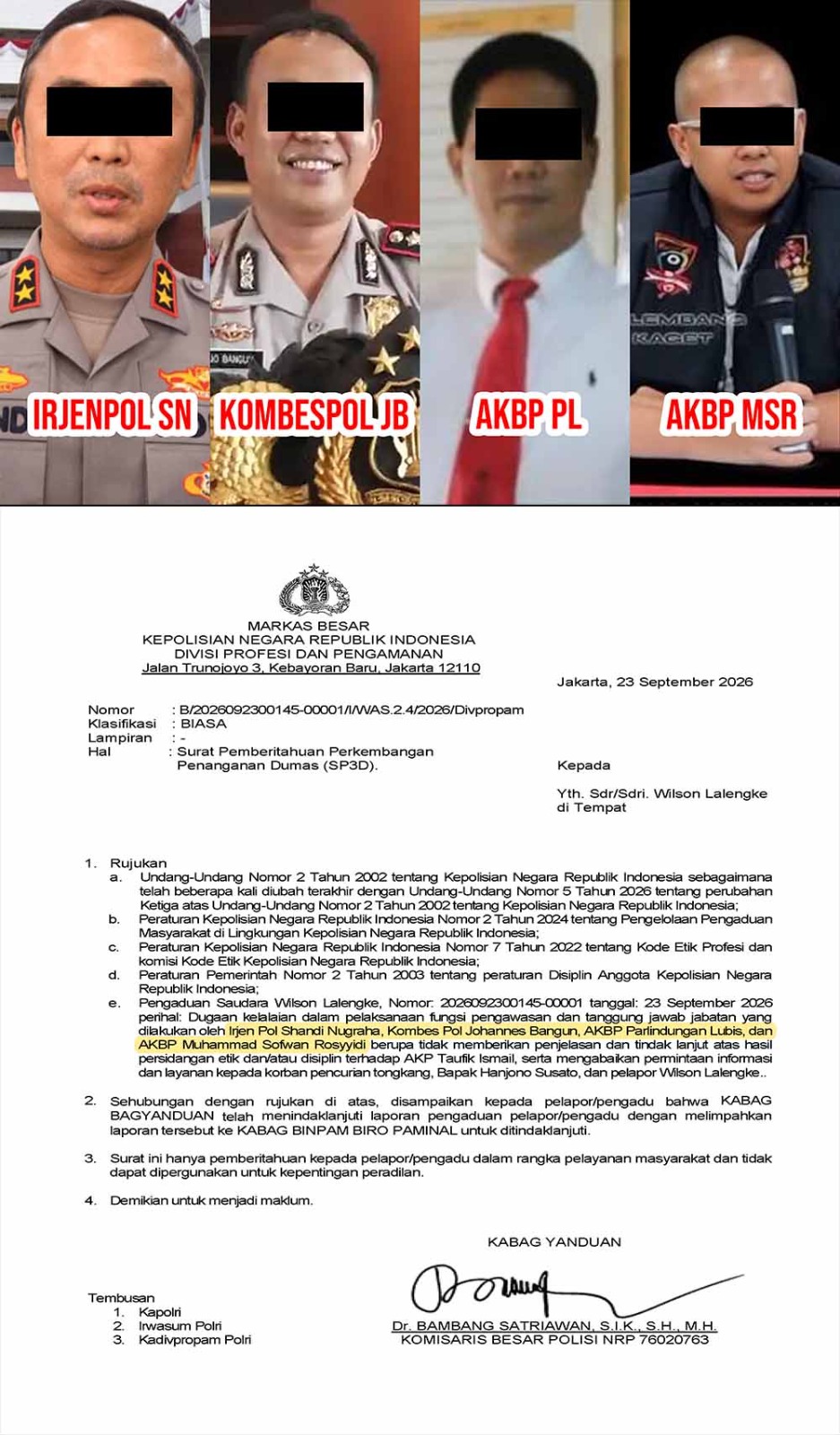 Lawan Budaya “Pingpong” Birokrasi, Wilson Lalengke Resmi Laporkan Kapolda Sumsel Shandi Nugraha ke Divpropam Mabes Polri